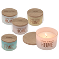 Geurkaars in glas met deksel van hout, Home sweet Home, geuren: Roos, Witte katoen, Meloen, Jasmijn, set van 4