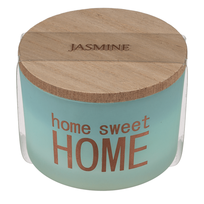 Geurkaars in glas met deksel van hout, Home sweet Home, geuren: Roos, Witte katoen, Meloen, Jasmijn, set van 4