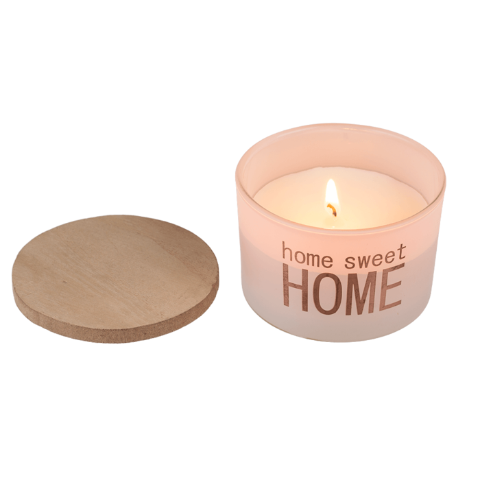 Geurkaars in glas met deksel van hout, Home sweet Home, geuren: Roos, Witte katoen, Meloen, Jasmijn, set van 4