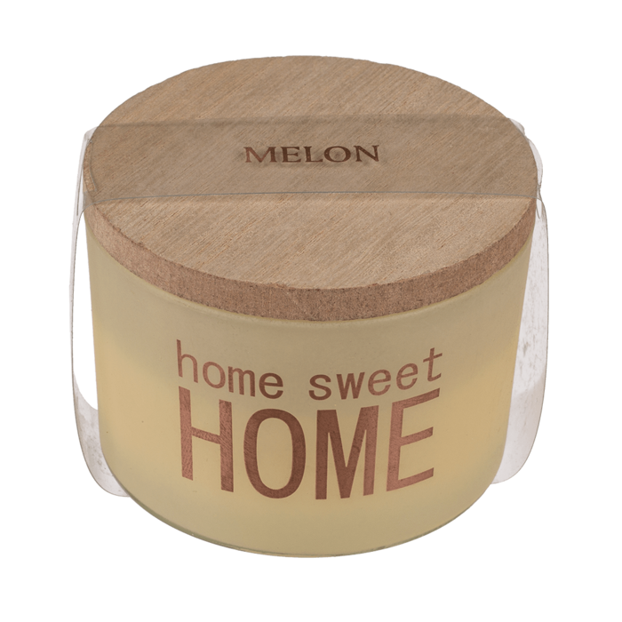 Geurkaars in glas met deksel van hout, Home sweet Home, geuren: Roos, Witte katoen, Meloen, Jasmijn, set van 4
